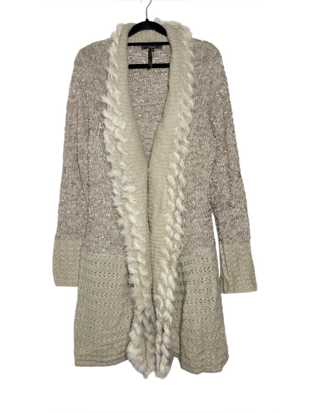Vintage Y2K NWOT Sioni Beige Wool Blend Rabbit Fur Trim Long Cardigan XL